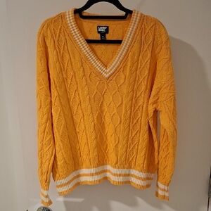 Lands' End Orange Drifter Cable Knit Boxy V-Neck Sweater w/ White Accents (XL)